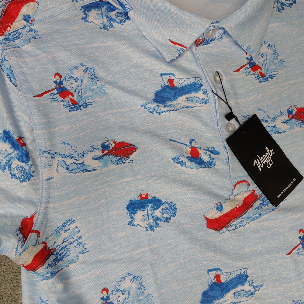 Waggle Lake‎ Life Polo Shirt Mens 2XL Light Blue Boat Print Performance Stretch - Picture 1 of 11